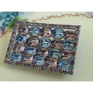 Vintage 50's Kramer NY Rhinestone Rectangle Brooch Blue Pale Lavender